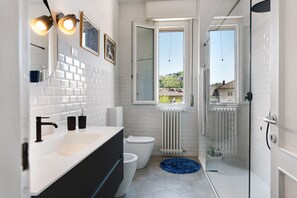 Shower, hair dryer, towels