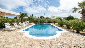 Piscina con sillas de descanso, rodeada de vegetación y una terraza de piedra.