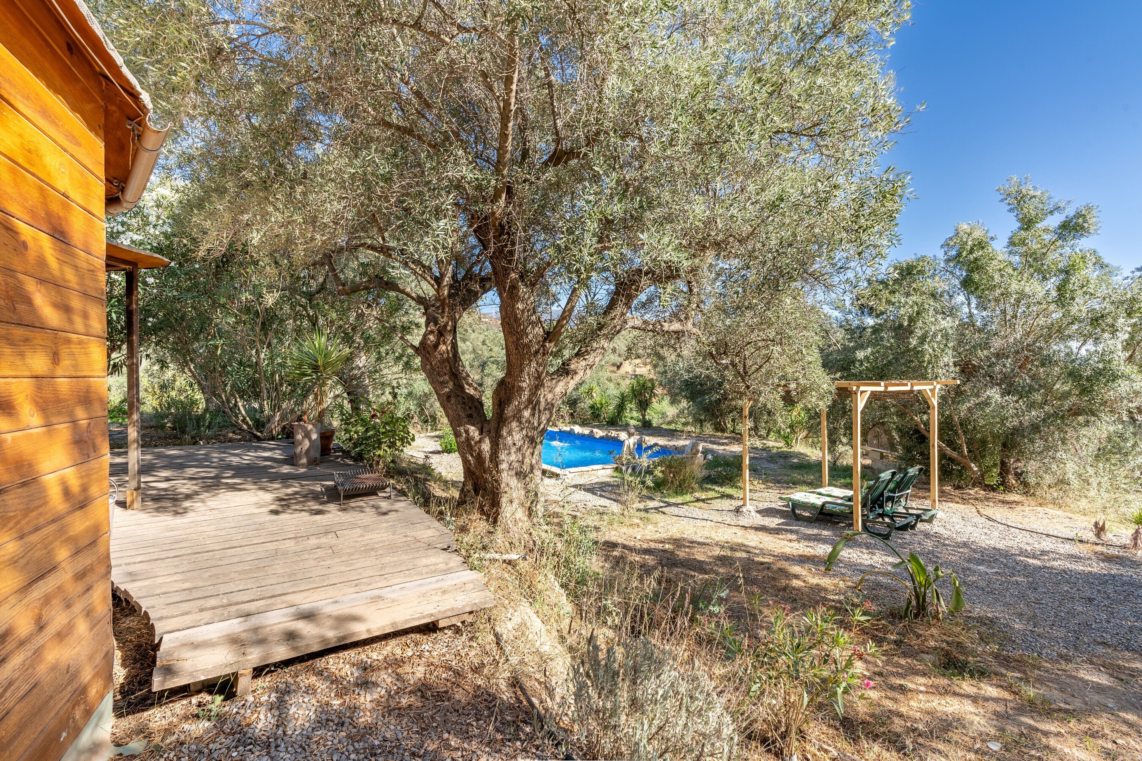 Une terrasse en bois, une pergola avec des chaises et une piscine, le tout aménagé dans un jardin.