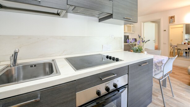 A modern kitchen with a built-in stove, a sink, and a compact oven. - Apartment 'Rosa delle Dolomiti Bilocale2' with Mountain View and Wi-Fi (Carisolo)