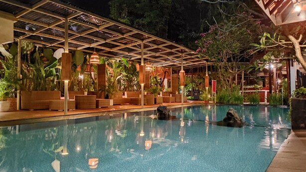 Zona de piscina con área de descanso cubierta y plantas.