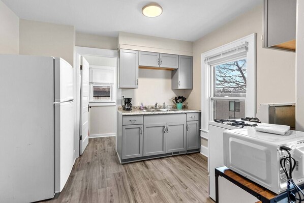 Fridge, microwave, oven, stovetop