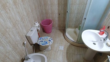 Shower, bidet, towels, soap