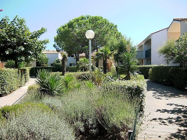 A pathway flanked by neatly trimmed hedges and various plants, leading to a building with a white facade and a spherical light fixture.