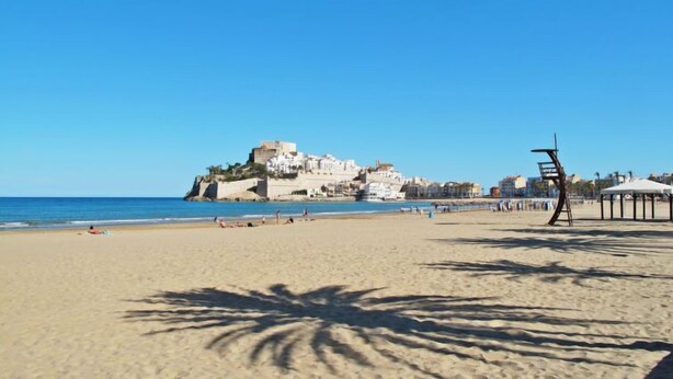 Una spiaggia con l'ombra di una palma, una torretta di salvataggio e un complesso di edifici sullo sfondo.