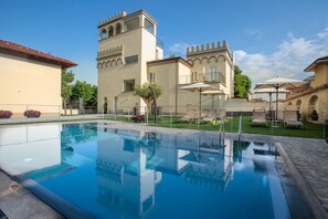 Seasonal outdoor pool, pool umbrellas, pool loungers