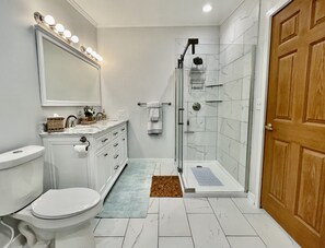 Shower, towels, toilet paper