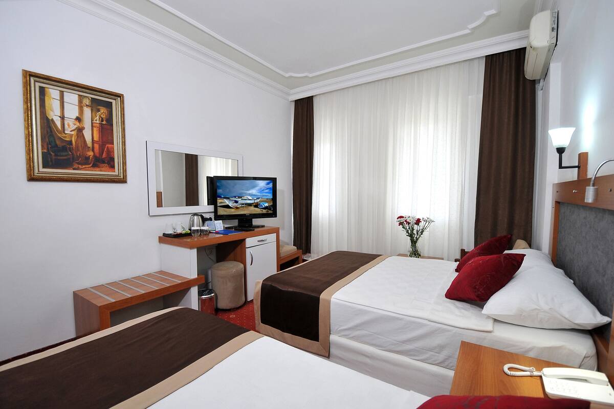 A hotel room with two beds, a desk with a computer, a television, and a telephone.