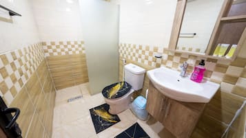 Rainfall showerhead, bidet, towels, soap