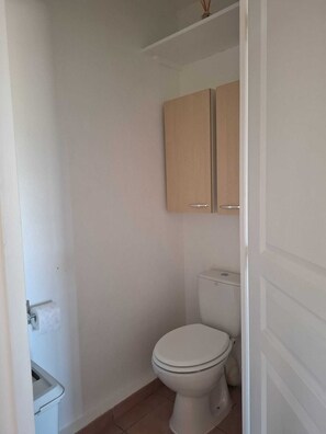 Shower, hair dryer, towels, toilet paper