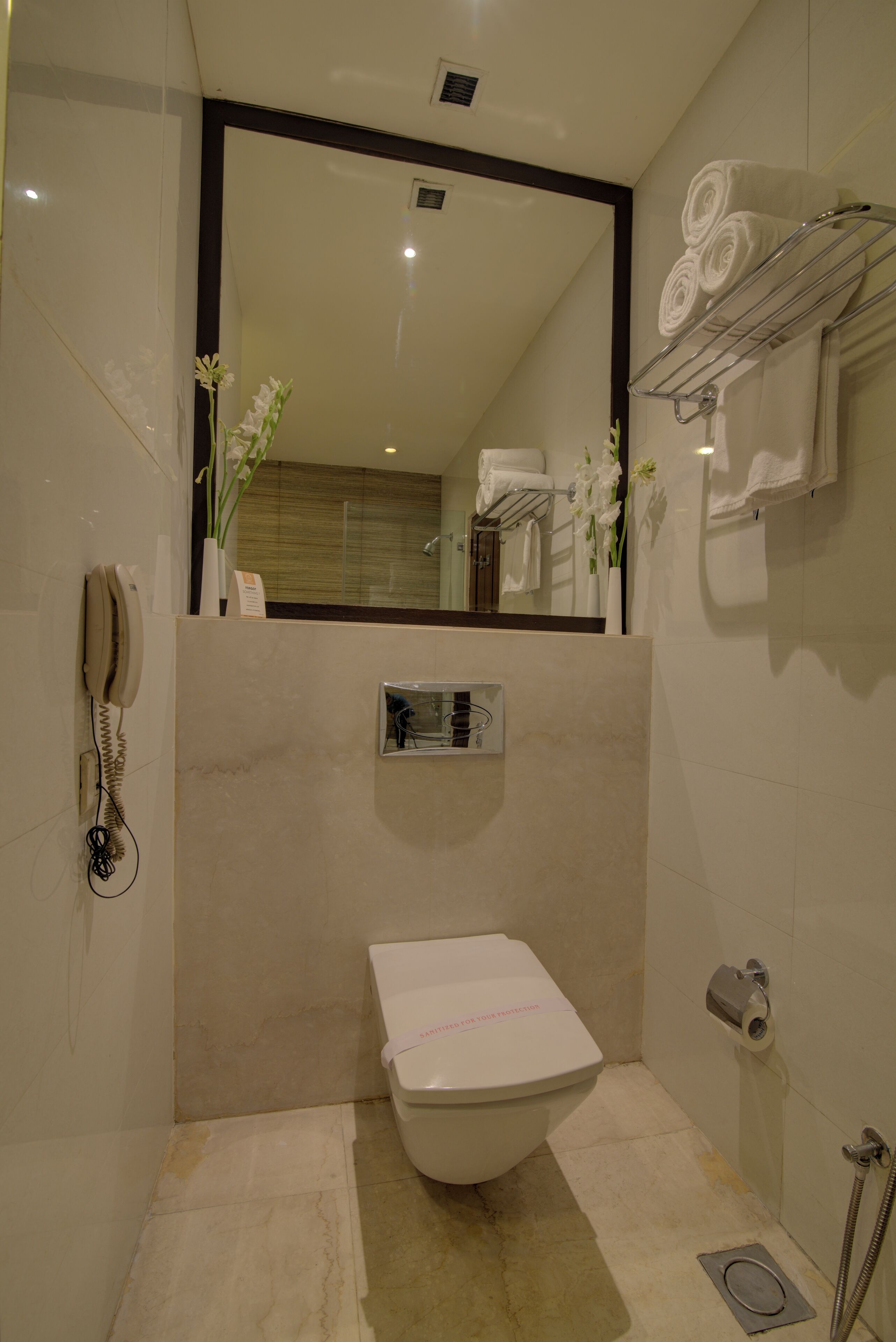 A modern bathroom with a toilet, a shower, a towel rack, and a mirror.