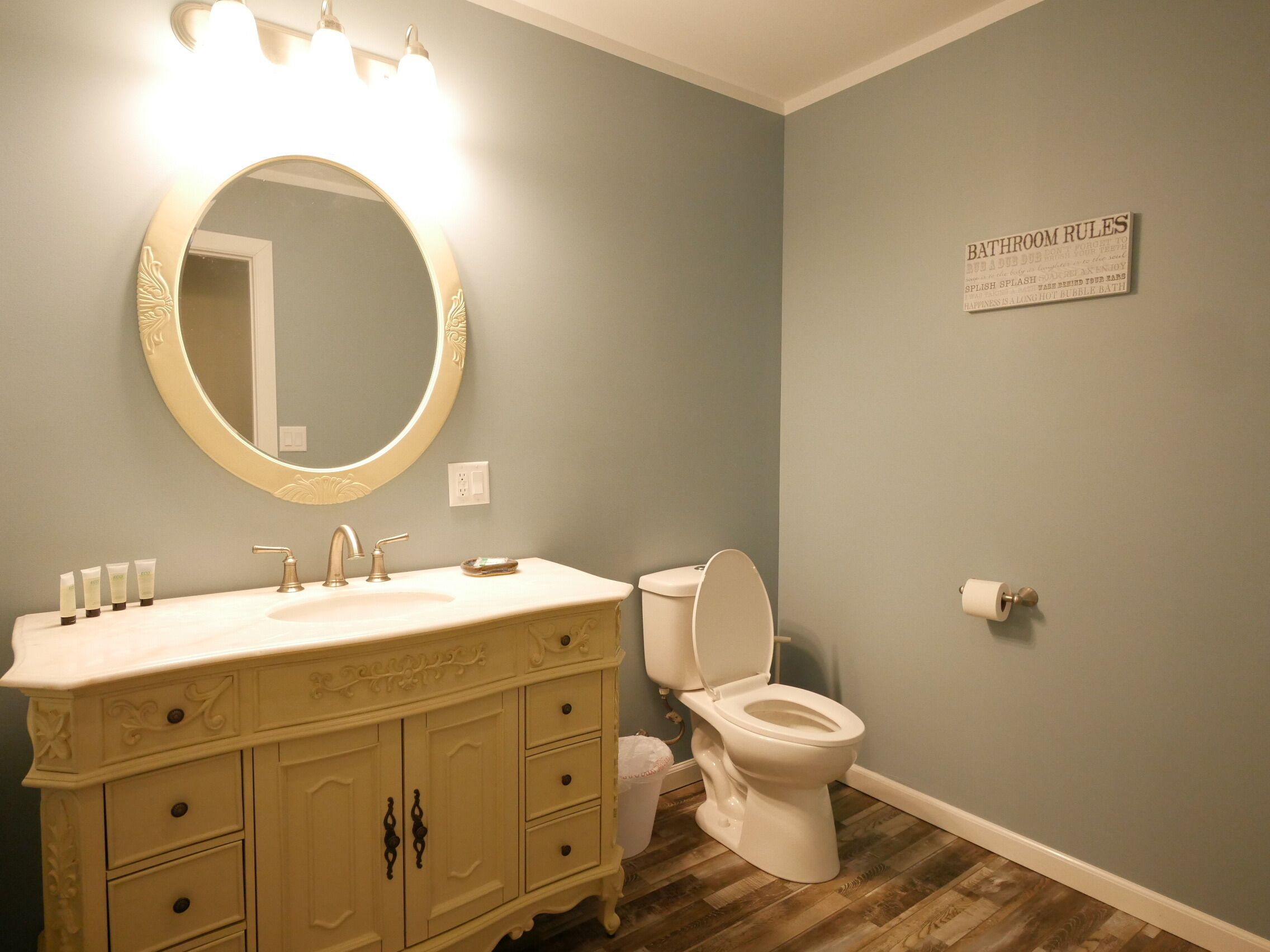 A bathroom with a vanity, sink, mirror, and toilet.