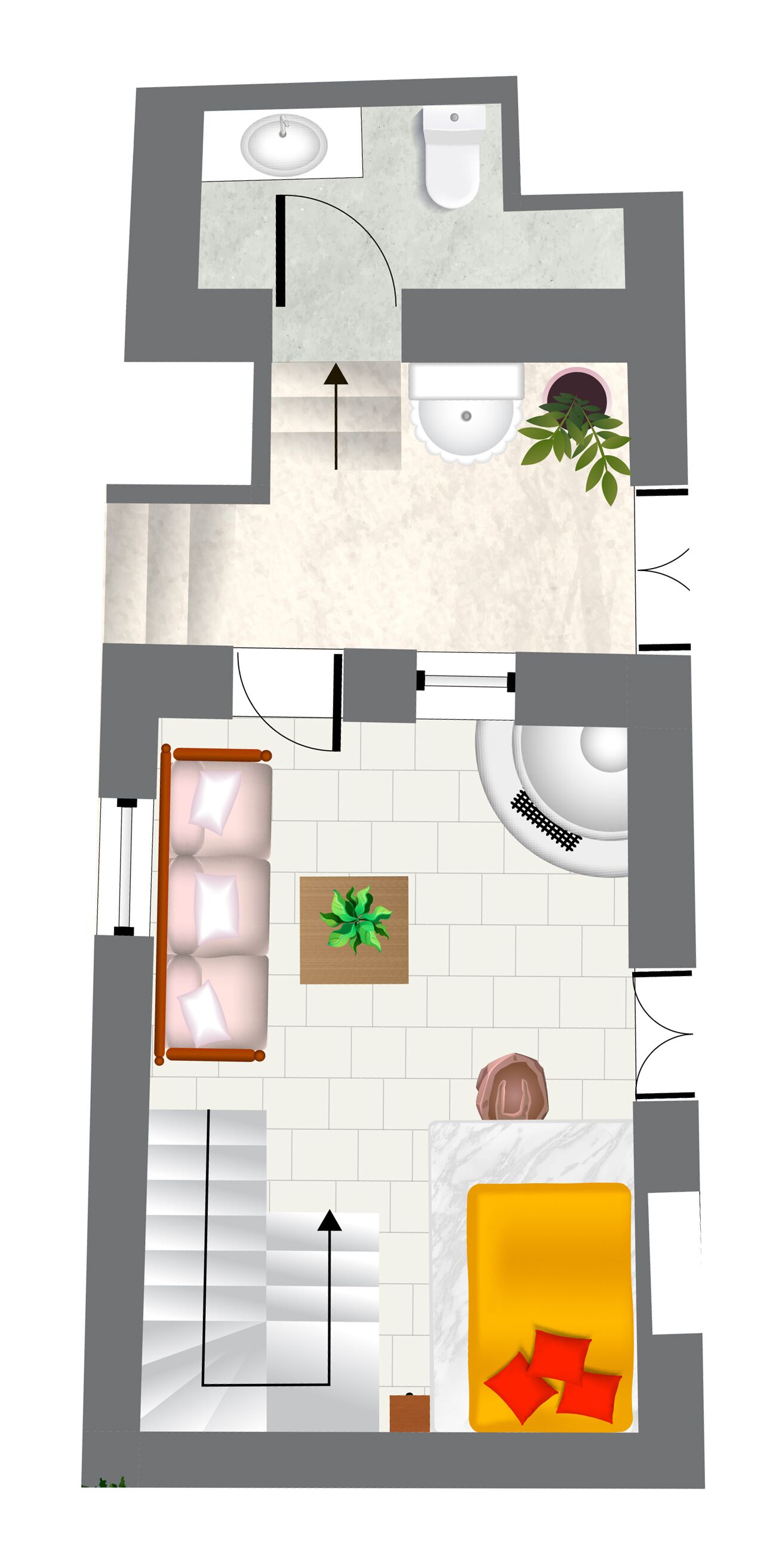 A floor plan of a hotel room with a bathroom, a bed, a small seating area, and a window.