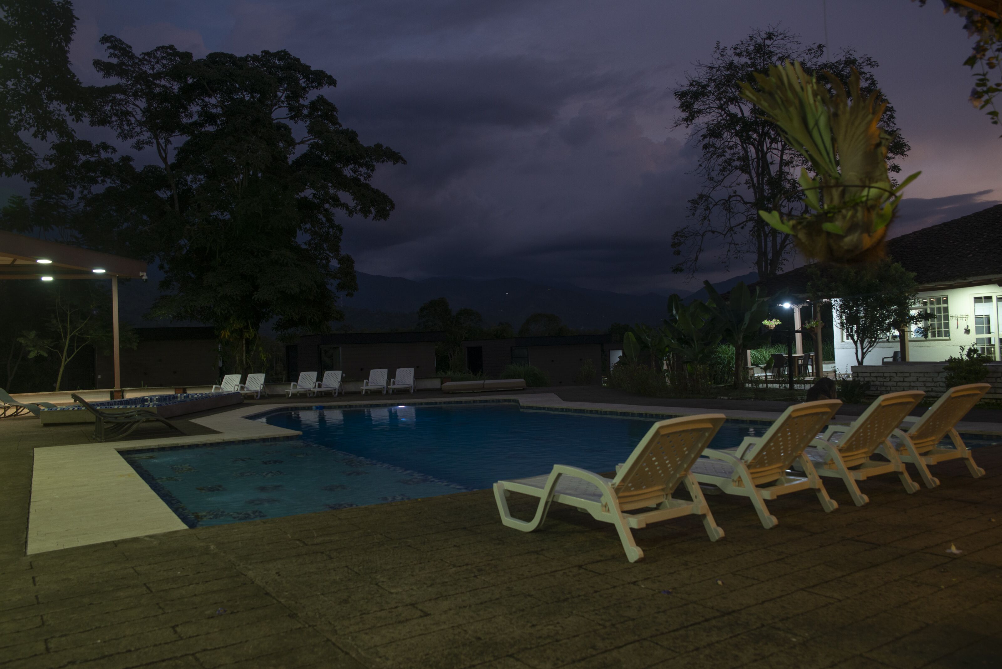 A swimming pool with lounge chairs and a covered area, surrounded by trees and a building in the background.