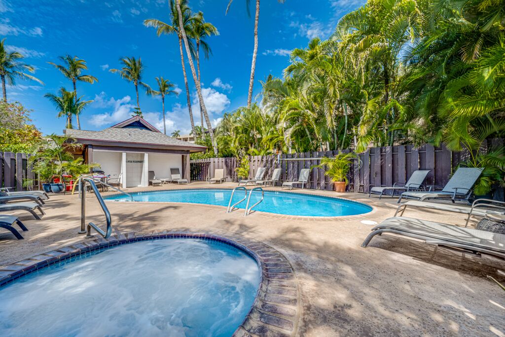 A pool area with lounge chairs and a hot tub, surrounded by palm trees.