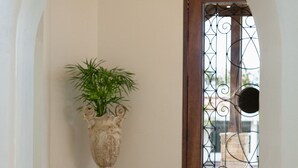Un couloir dans lequel un chien est allongé sur le sol, un vase décoratif avec une plante, et une porte en fer forgé dotée d’une fenêtre circulaire.