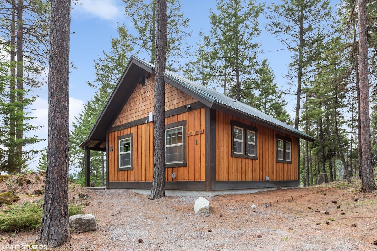 A wooden cabin with a gabled roof, surrounded by tall pine trees.