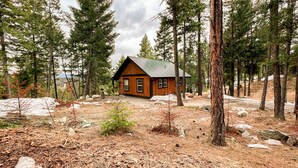 A cabin surrounded by tall pine trees, with a dirt ground and some snow patches.