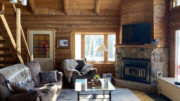 TV, fireplace, DVD player, foosball