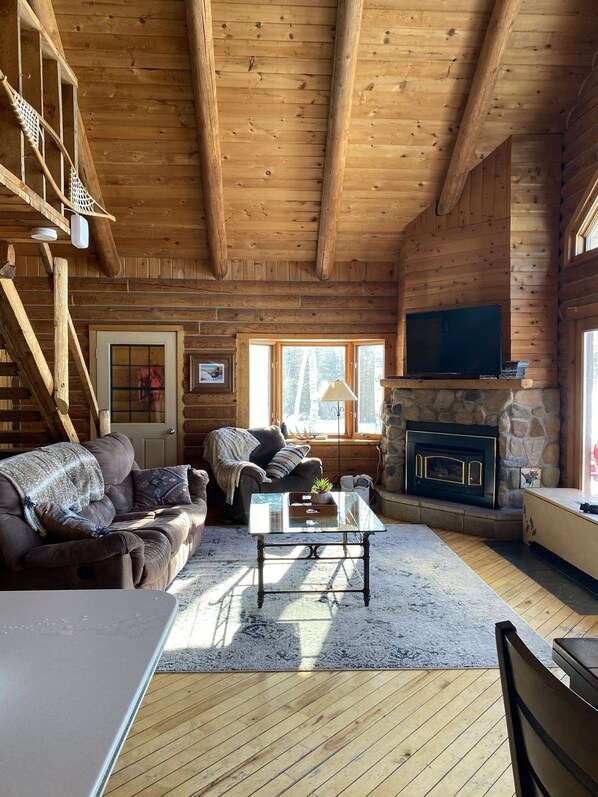 Televisión, chimenea, reproductor de DVD y futbolito