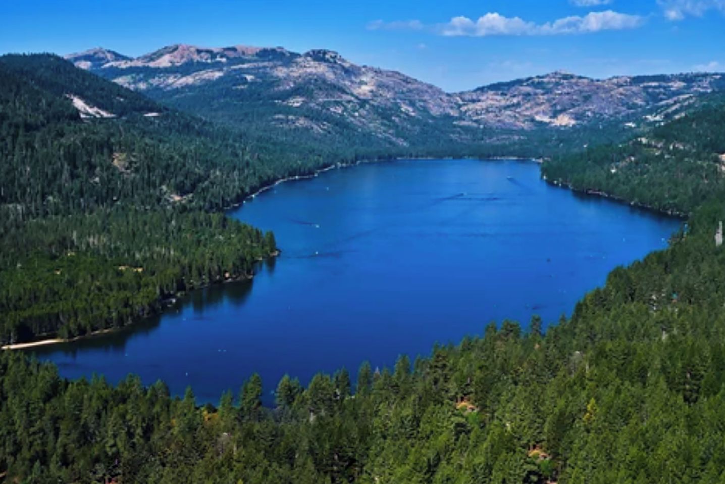 Un lago rodeado de un bosque denso y montañas.