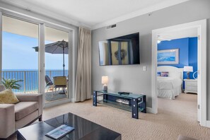 Enjoy ocean views from the balcony through the large sliding glass door.
