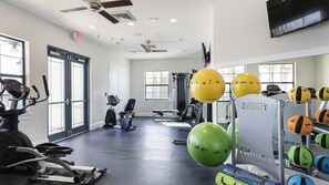 Stay active with a fully equipped gym featuring stationary bikes, treadmills, and weight machines.