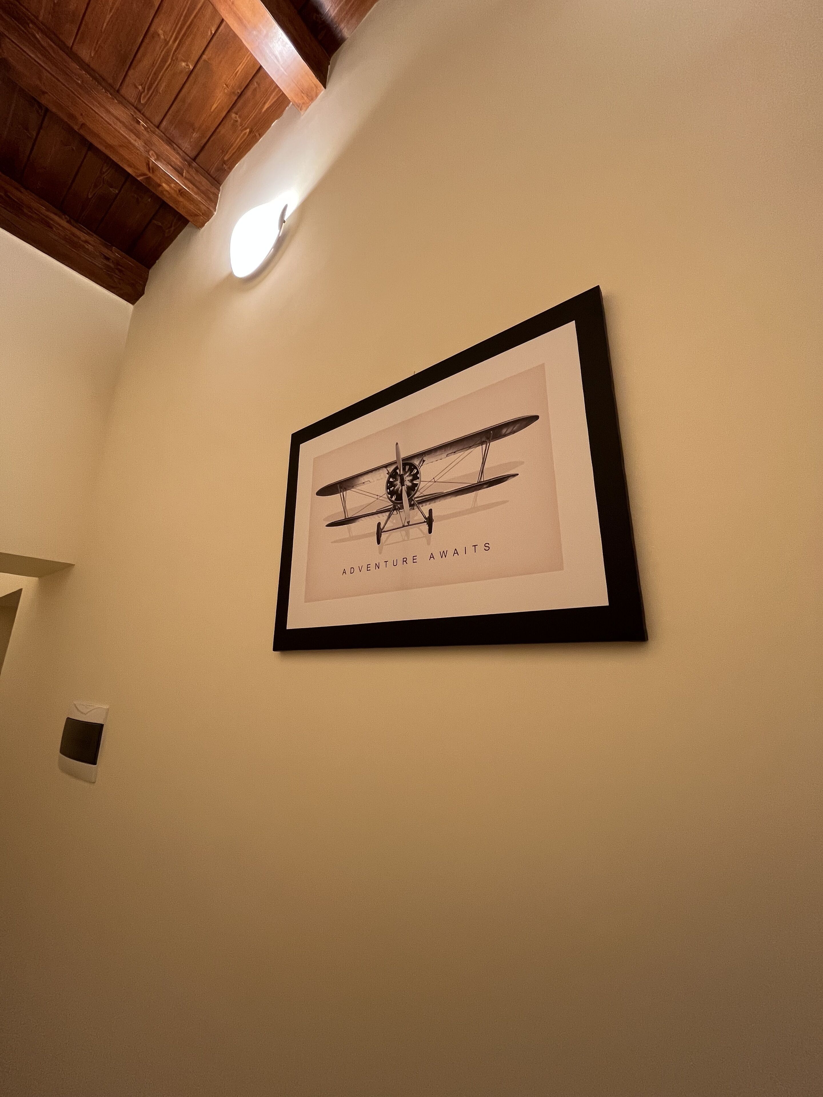 A framed black and white photograph of an airplane on a wall.