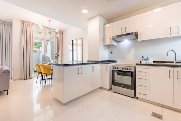 Fridge, microwave, oven, electric kettle