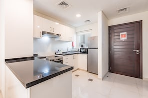 Fridge, microwave, oven, electric kettle