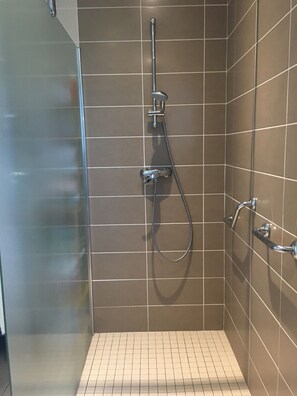 Shower, towels, soap, shampoo