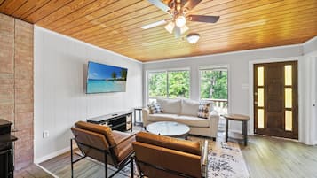 Smart TV, fireplace, foosball
