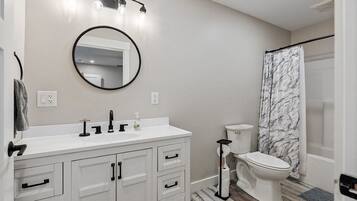 Combined shower/tub, hair dryer