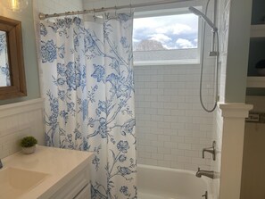 Hair dryer, towels, shampoo, toilet paper