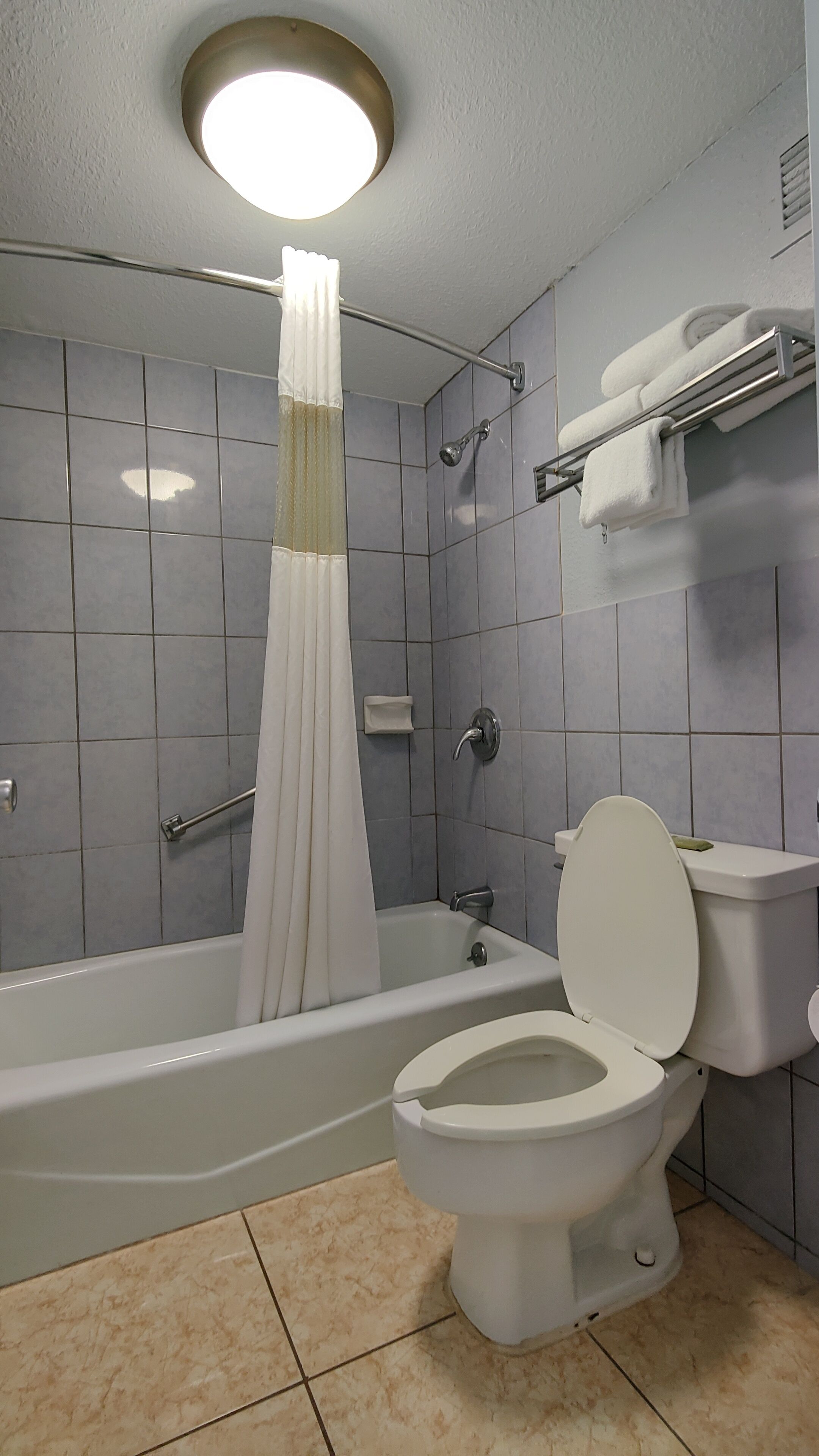 A bathroom with a bathtub, toilet, and shower.