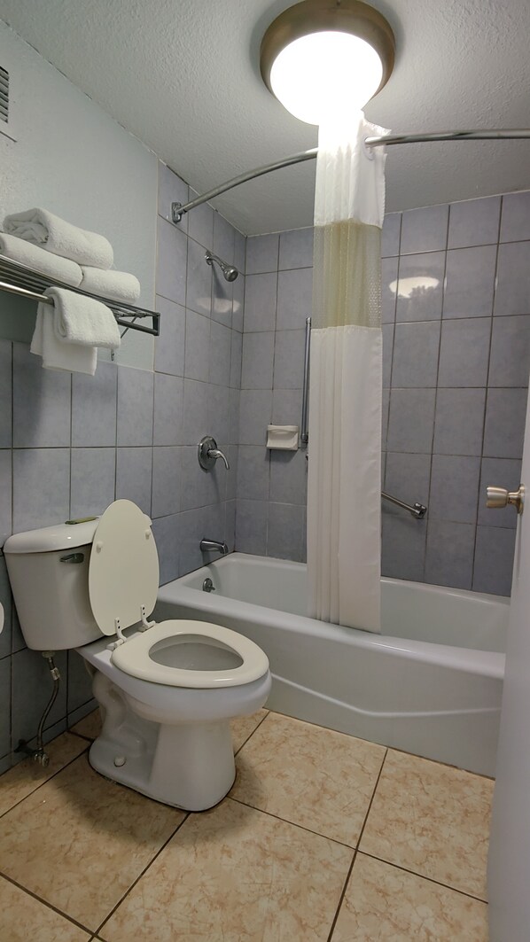 A bathroom with a toilet, bathtub, and shower.