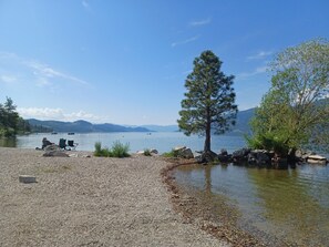 Blick auf ein Seeufer mit steinigen Ufern, einer Kiefer und Booten auf dem Wasser.