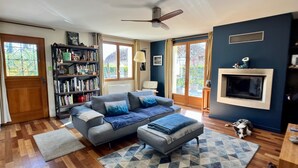 A cozy living room with a grey sofa, a bookshelf, a fireplace, and a dog. - House with garden in Provence (Valréas)