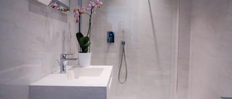 Douche, sĂšche-cheveux, bidet, serviettes fournies