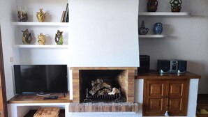 Een woonkamer met een open haard, televisie, planken met decoratieve objecten en een houten kast.