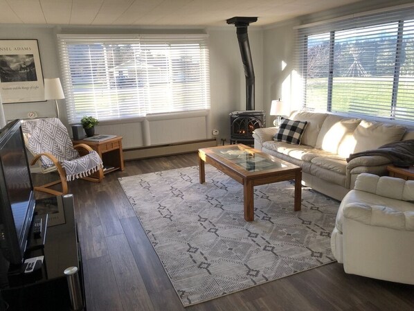 Smart TV, fireplace, stereo