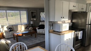 Ein kompakter Wohnbereich mit Küchenzeile, Essbereich und einer Sitzecke mit Sofa und Sesseln.