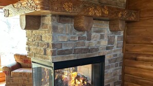 A stone fireplace with a glass front, wooden logs burning inside, and a stone hearth.