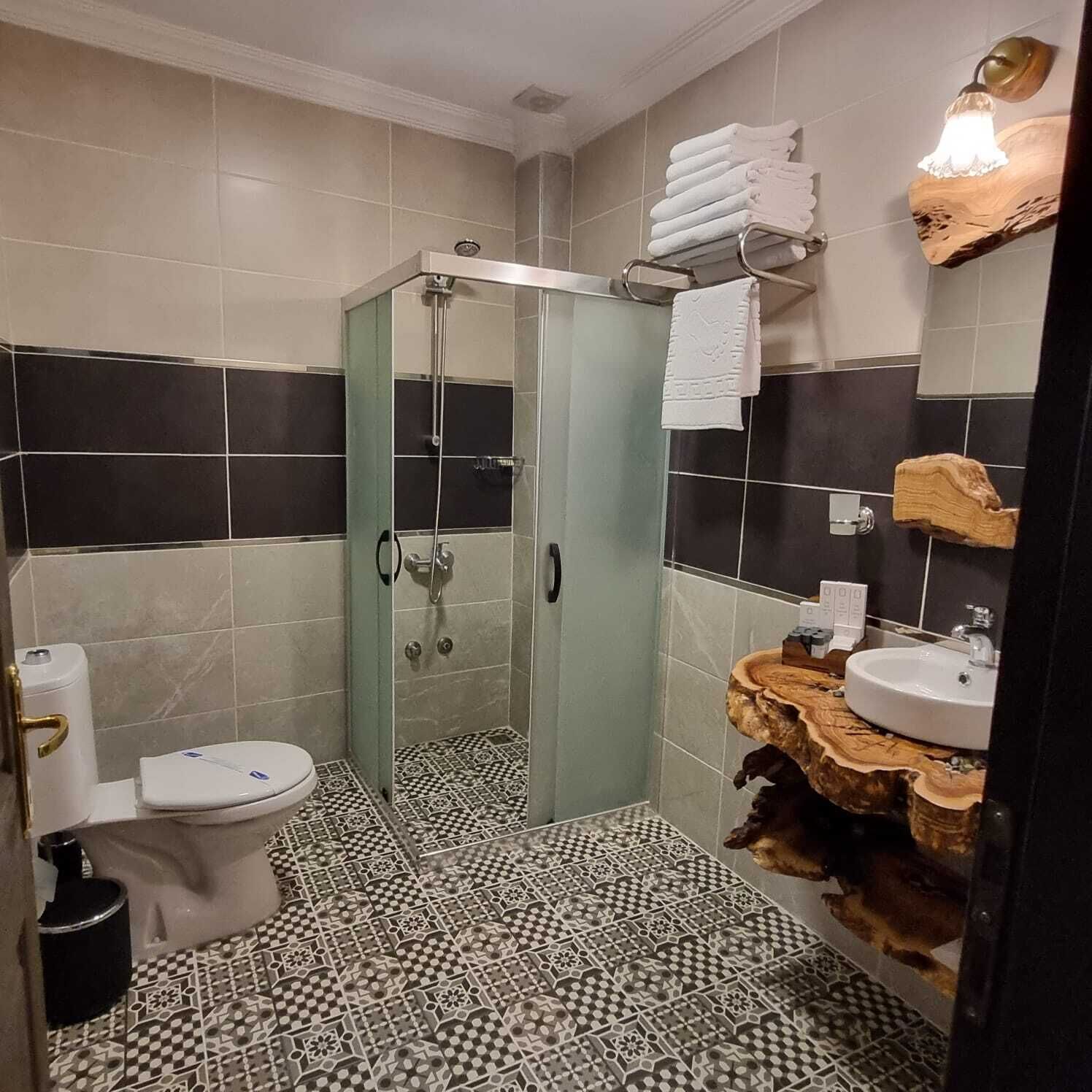 A bathroom with a glass-enclosed shower, a toilet, and a sink with a wooden countertop.
