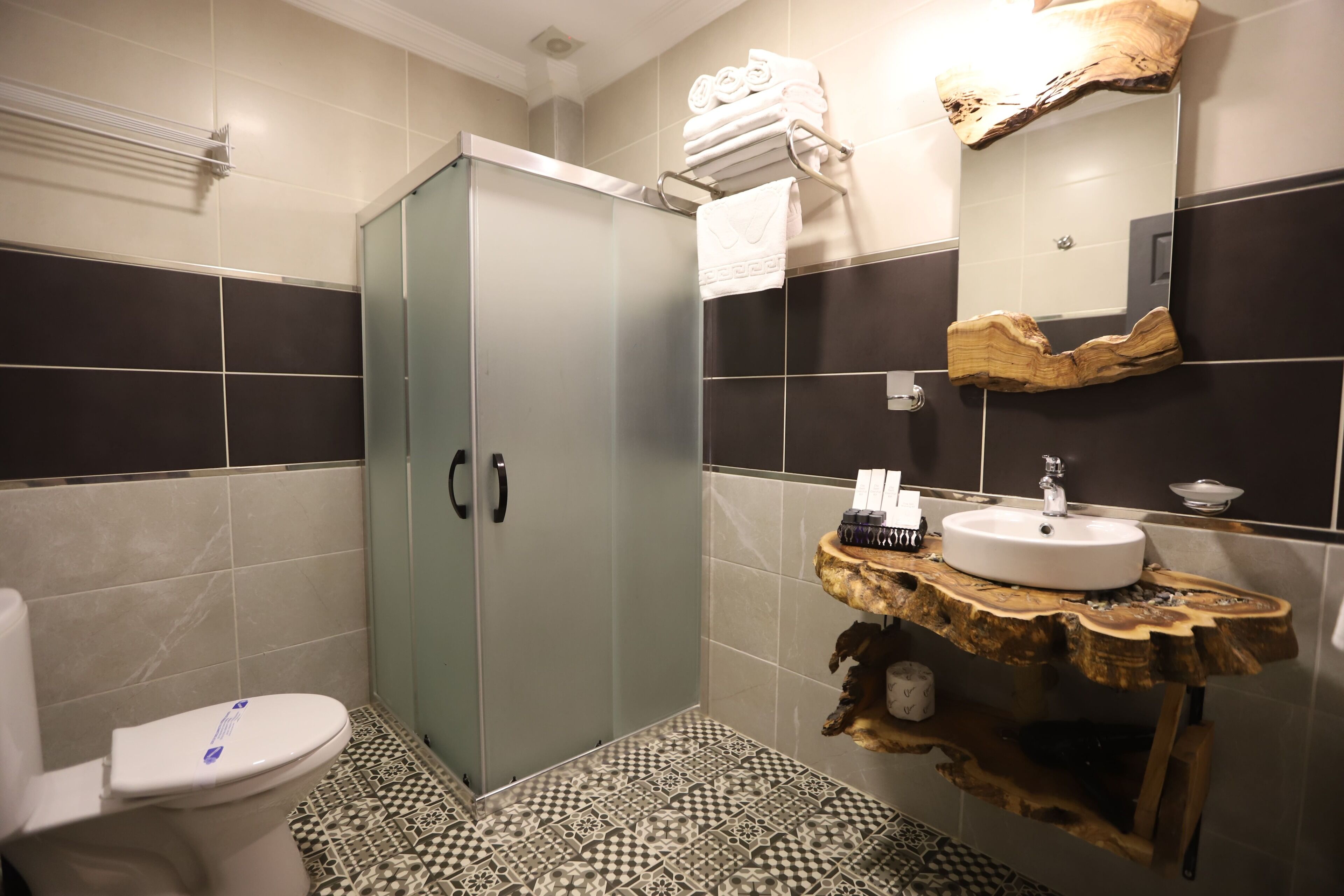 A modern bathroom with a glass shower enclosure, a white sink on a wooden vanity, and a large mirror.