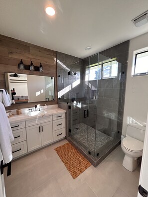 Shower, hair dryer, bidet, towels