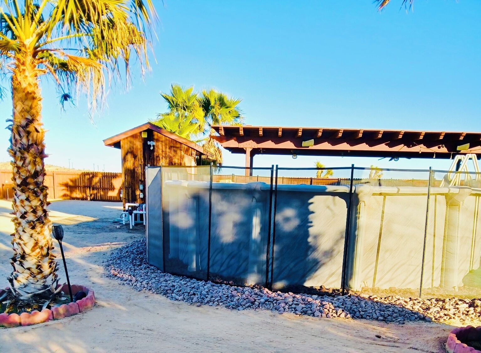 Un área de estar al aire libre techada con un pérgola, estructura de madera y una palmera.