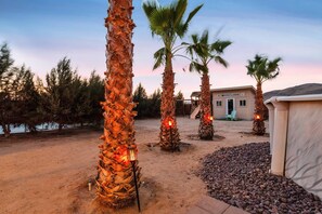 Paisaje desértico con palmeras, un edificio y una masa de agua al fondo.
