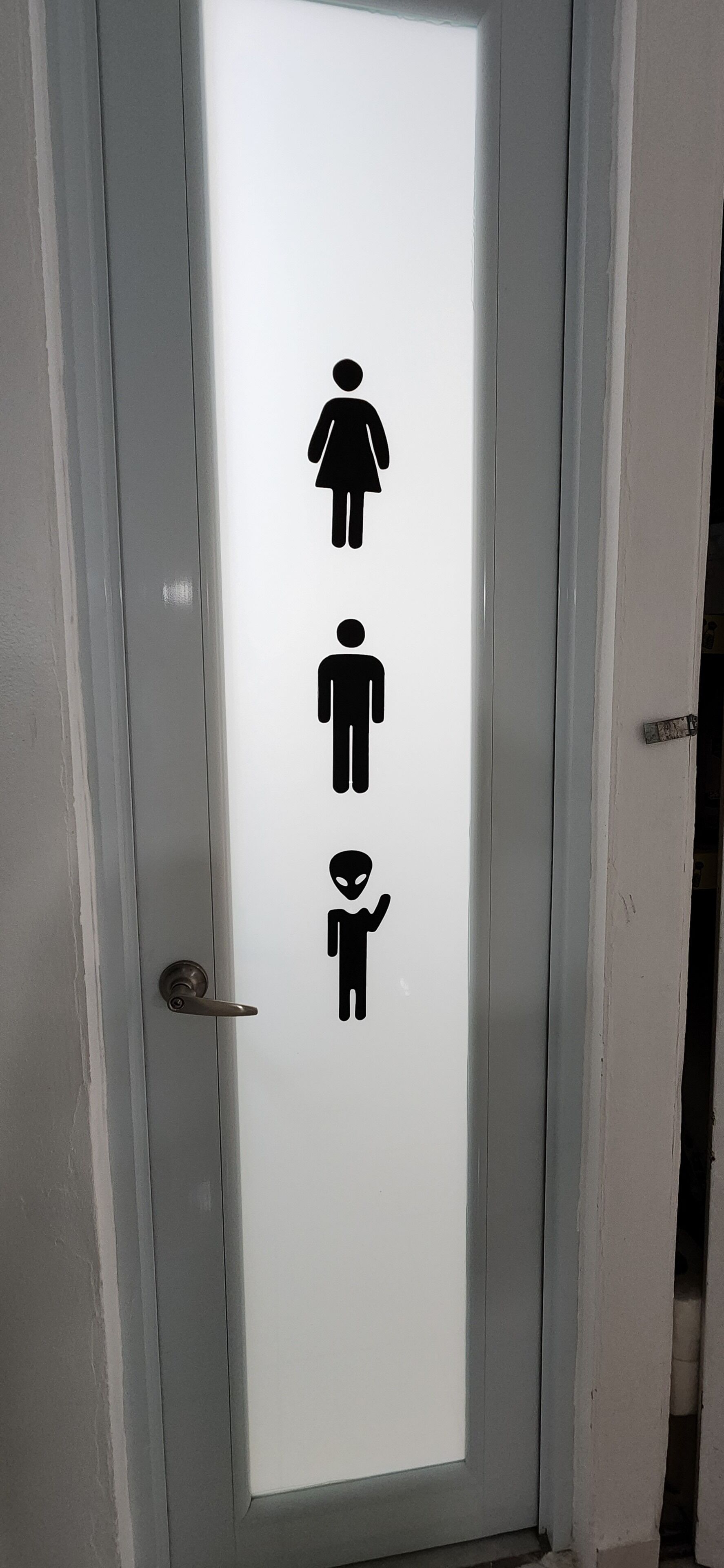 En dør med et matteret glaspanel der viser symboler for toilet: en kvindeskikkelse, en mandeskikkelse og en rumvæsen-skikkelse.