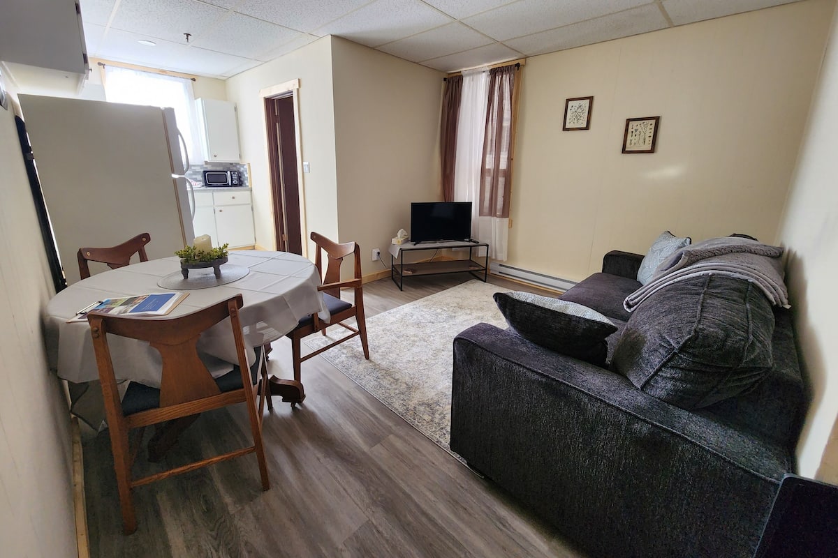 A living room with a dining area, a sofa, a TV, and a kitchen in the background.